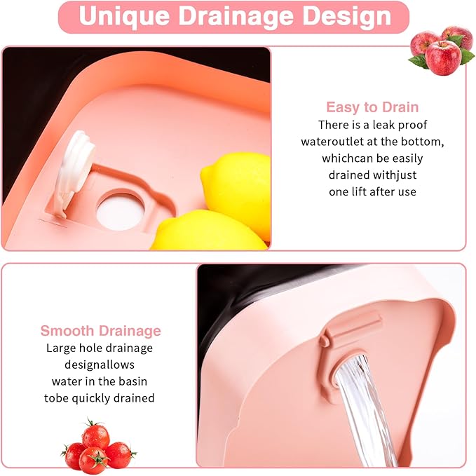 Collapsible Dish Basin with Drain Plug and Portable Sink, 11L(2.91 Gallon) Collapsible Bucket with Sink. Foldable Wash Basin for Station Campin/Camping/Rv/Kitchen (Pink)