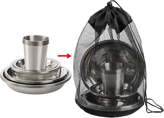 TOPZEA Set of 26 Stainless Steel Camping Plates and Bowls, Camping Mess Kits Camping Dish Set Tableware Includes Plates, Bowl, Cups, Stainless Steel Dinnerware for Camping, Hiking, Travel, Picnic
