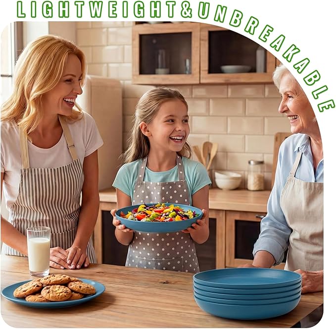 Unbreakable Plastic Plates Set of 6, 10 Inch Deep Dish Plates, Lightweight Reusable Dinner Plates Microwave & Dishwasher Safe for Camping, Party, Dark Blue