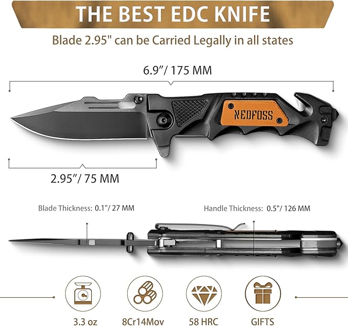 NedFoss Pocket Folding Knife DA75 Mini, 3 in 1 Pocket Knife Gifts for Men, 2.95 Inch Survival Knife with Liner-Lock Belt Clip, Seat Belt Cutter, Glass Breaker, Hunting knife for Camping Hiking