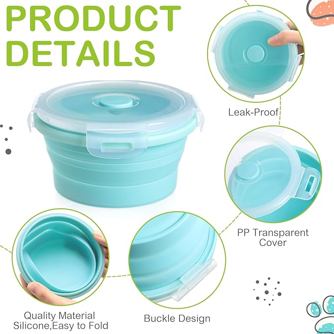 Suclain 4 Pcs Collapsible Bowls with Lids Silicone Camping Food Storage Container Expandable Folding Salad Lunch Box Travel Container for Hiking Camping