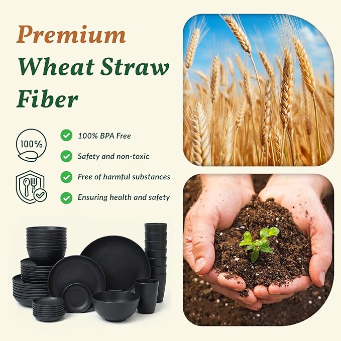 Homienly Plates and Bowls Sets, 40-Piece Modern Wheat Straw Dinnerware Sets for 8 Unbreakable Kitchen Dinner Set Microwave and Dishwasher Safe Dishes Set for Apartment, Party, Outdoor, RV (Black)