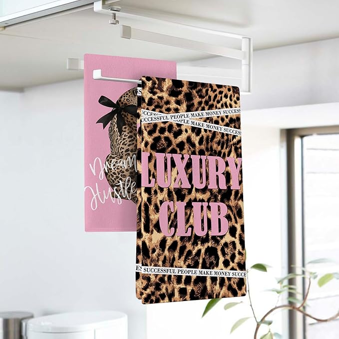 Leopard Print Pink Kitchen Dish Towels Set of 2, Inspirational Cheetah Dream Big Hustle Hard Girl Women Drying Hand Towel Baking Cooking Cloth, Luxury Club Bathroom Home Decoration 18'' x 26''
