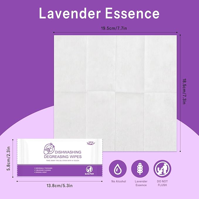 Dish Wipes for Camping Individually Wrapped Dish Cleaning Wipes Travel Lavender Scent 7.7”x 7.3” Disposable for Kitchen Outdoor Traveling RV Quick Clean (Pack of 500)