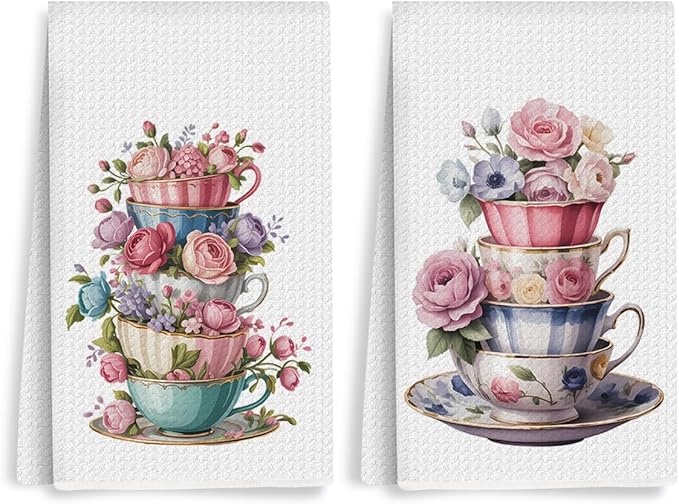 2PCS Watercolor Rose Kitchen Towels, Flower Coffee Cup Waffle Weave Dish Tea Hand Towels for Home, Dinner Party, Wedding Gift, Home Decor, Housewarming Farmhouse Gifts for Women Friend
