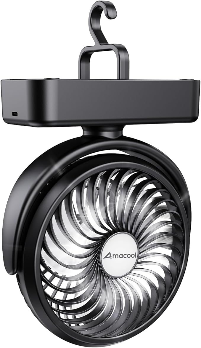 Portable Camping Fan with LED Lantern- 40H Work Time Rechargeable Battery Operated Fan with Hanging Hook for Tent Car RV Hurricane Emergency Outages Survival Kit Cruise Travel Camping Essentials Gear