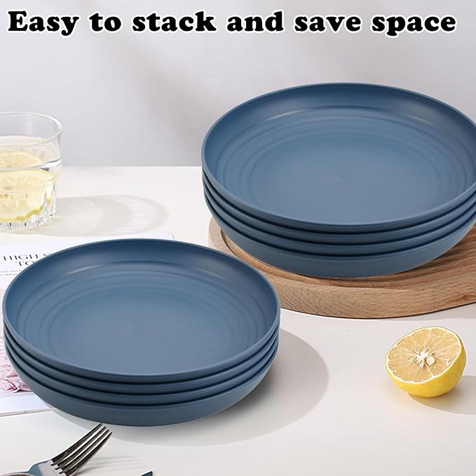 Wheat Straw Plates, Unbreakable Dinner Plate Set of 4, 8 Inch Plastic Plate Reusable, Dishwasher & Microwave Safe, Lightweight Salad Plates for Camping/Kitchen (Dark Blue)