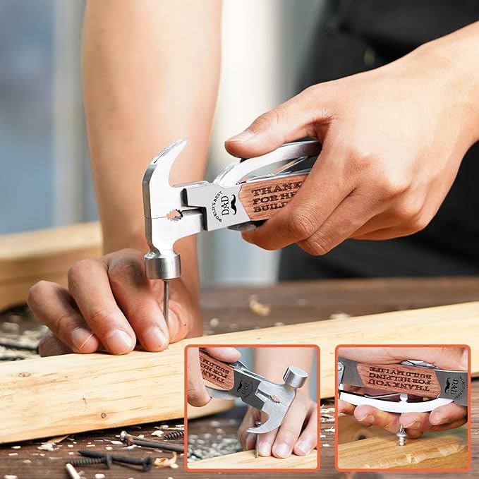VEITORLD Gifts for Dad from Daughter Son Kids, Fathers Day, Unique Birthday Gift Ideas for Men Papa, All in One Tools Hammer Multitool with Engraved Wooden Box, Cool Gadgets(Dad Build My Life)