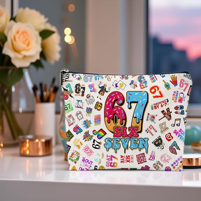 Six Seven Gifts for Women Makeup Bag, Funny 6 7 Cosmetic Bag & Travel Toiletry Pouch, Viral Meme Gifts, Cute Makeup Pouch for Party Favors & Unique Birthday Gifts