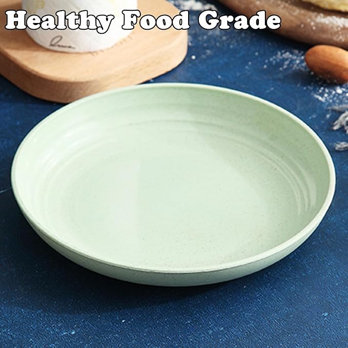 Wheat Straw Plates, Unbreakable Dinner Plates Set of 4, Plastic Plates Reusable, Dishwasher & Microwave Safe, Lightweight Salad Plates for Camping/Kitchen (Green)