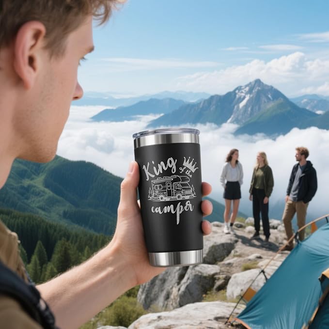 King of the Camper Tumbler, Perfect Camping Gifts for Men Dad Brother Husband Grandpa Outdoor Adventures Lovers, Christmas, Birthday Gifts for Campers, 20 oz Camping Tumbler with Lid Straws