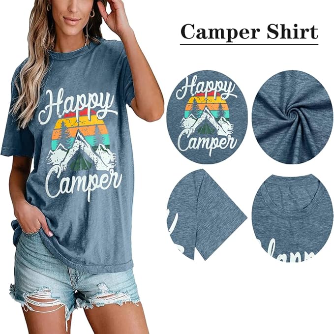 Happy Camp T-Shirt Women Hiking Mountain Adventure Novelty Workout Funny Saying Cute Graphic Athletic Shirt