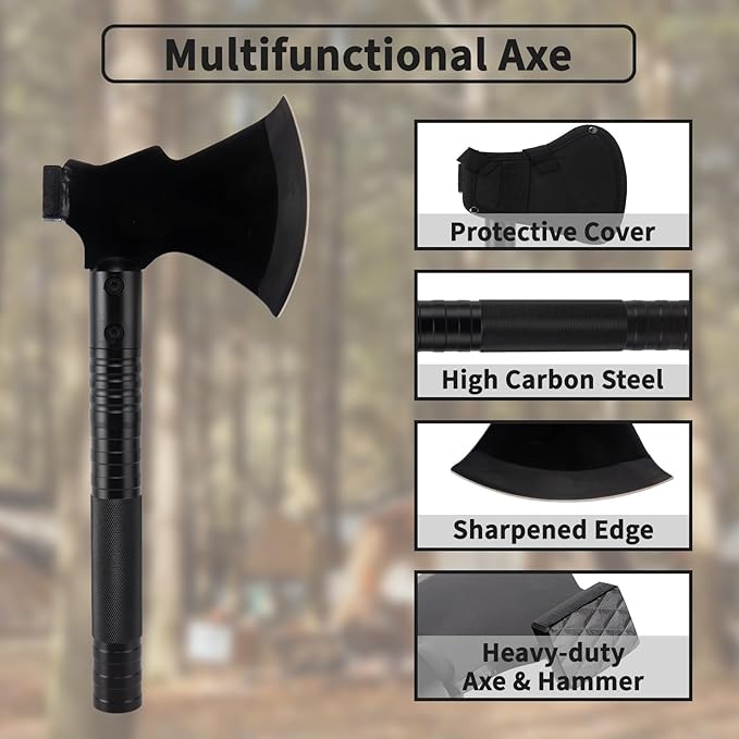 Survival Shovel Survival Axe, Heavy-Duty Carbon Steel Camping Folding Shovel with Multiple Extension Handles(7.3-21.9In), Suitable for Survival Tools in Camping, Off-Road, Excavation, and Hiking
