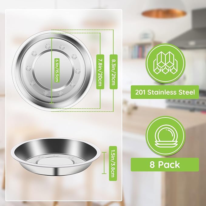 8 Patterned Deep Stainless Steel Plates, 7.8 inch 201 Metal Camping Plate, Reusable Food Serving Dish Snack Eating Dishes Round Shatterproof Silver BBQ Dinner Dinnerware Oven Dishwasher Safe