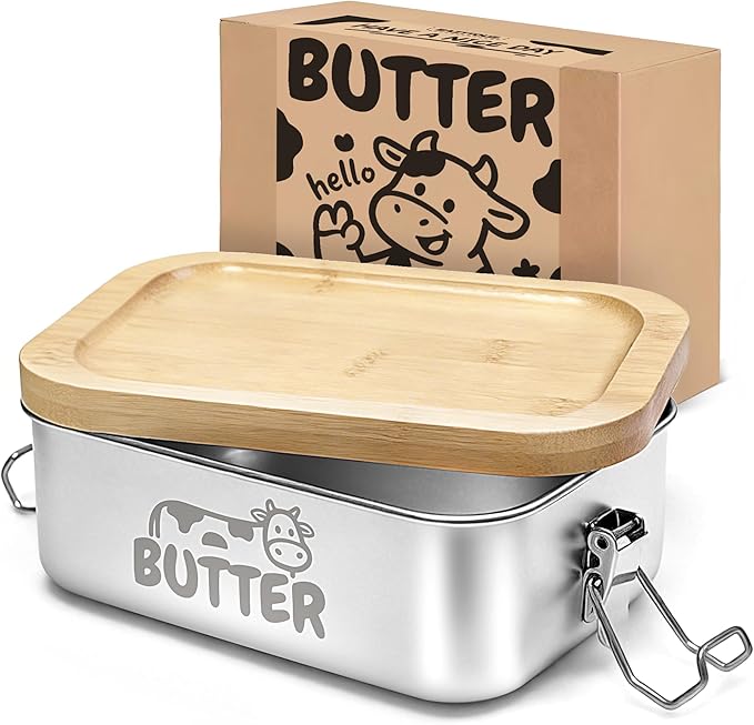 Stainless Steel Butter Dish with Lid, Airtight Cow Butter Keeper for Refrigerator & Countertop, Kitchen, Camping & Travel,Fits East & West Coast Butter (Medium)
