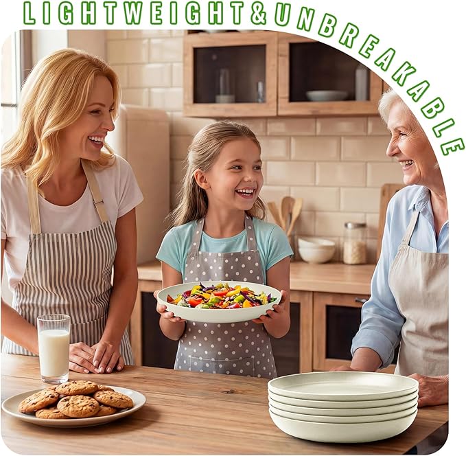 Wheat Straw Plates 6-Piece Set, 10 Inch Unbreakable Deep Dinner Plates, Reusable Plastic Plates Microwave and Dishwasher Safe BPA-Free for Family, Daily Use, LightGrey