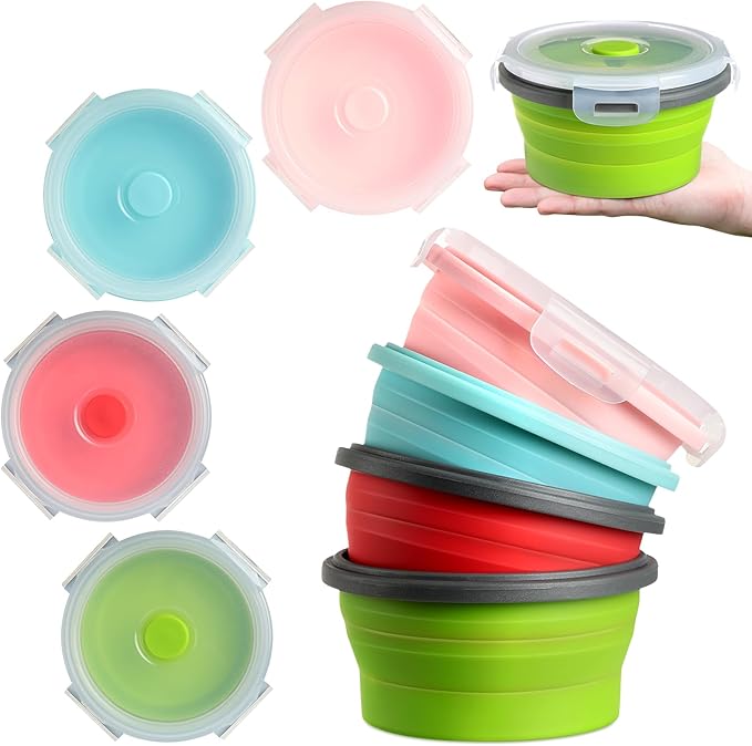 Suclain 4 Pcs Collapsible Bowls with Lids Silicone Camping Food Storage Container Expandable Folding Salad Lunch Box Travel Container for Hiking Camping