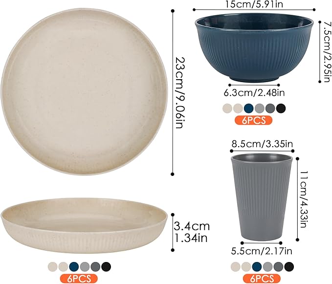 Unbreakable Dinnerware Sets for 6 People,18pcs Camping Plates and Bowls Set, Reusable Picnic Set plastic Plates, Cups, Bowls for Children, Adult, Party, Home