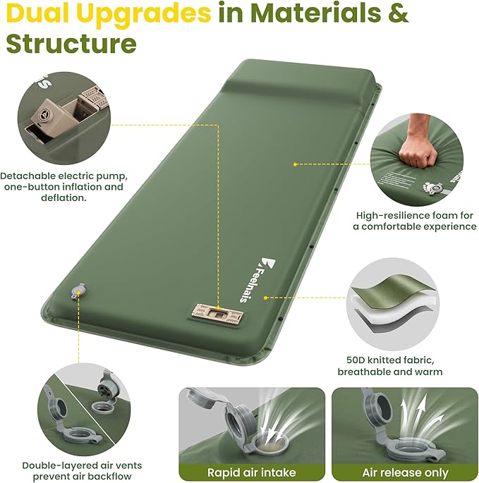 Self Inflating Sleeping Pad with Electric Pump, Memory Foam Camping Pad with Built-in Pillow, 4 Season Camping Mattress Pad, Camping Essentials Gear for Tent, Car, Hiking - Green