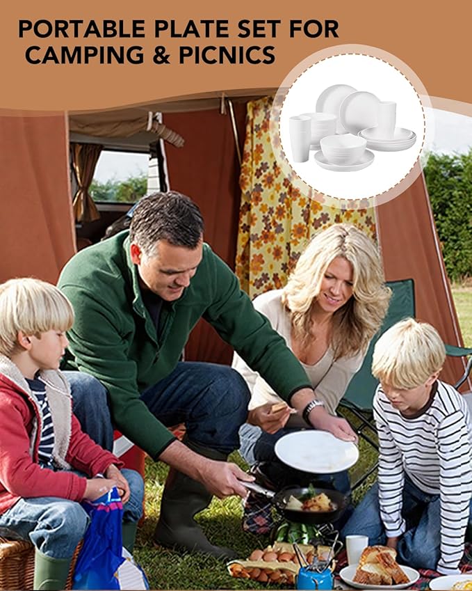 24 Pcs Dinnerware Set- Dinner Plates Set- Picnic & Camping- Unbreakable & Reusable- Includes 4x 9in, 4x 8in Plates, 4x 6in Bowls, 4 Cups, 4 Stainless Steel Forks and Spoons- Kitchen, Dorm, Office