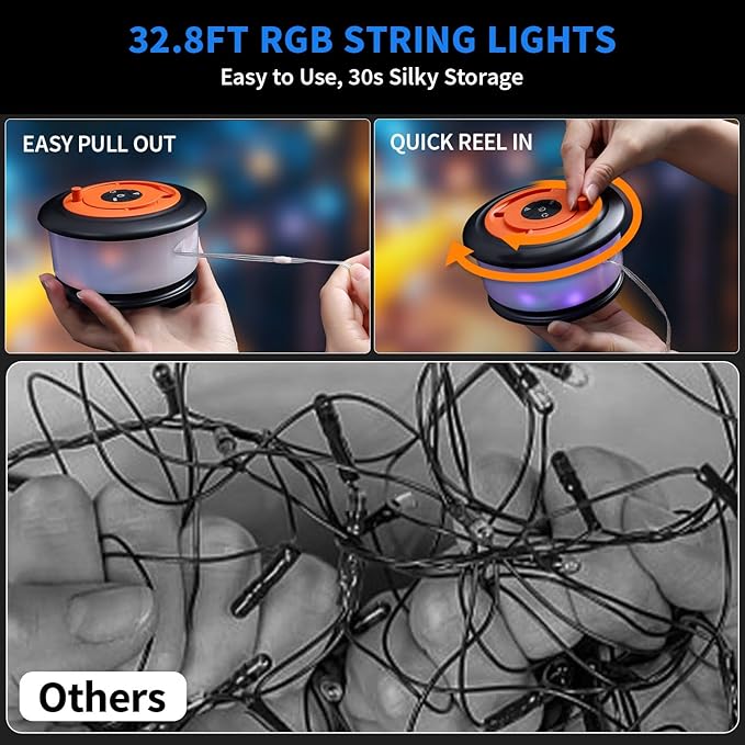 2pcs Camping String Lights,2 in 1 Upgraded 32.8FT Rechargeable Tent Lights String with 19 Lighting Modes,Quick Storage camping lights，Portable LED Lamp for Bedroom Yard Decor Christmas (Black&Orange)