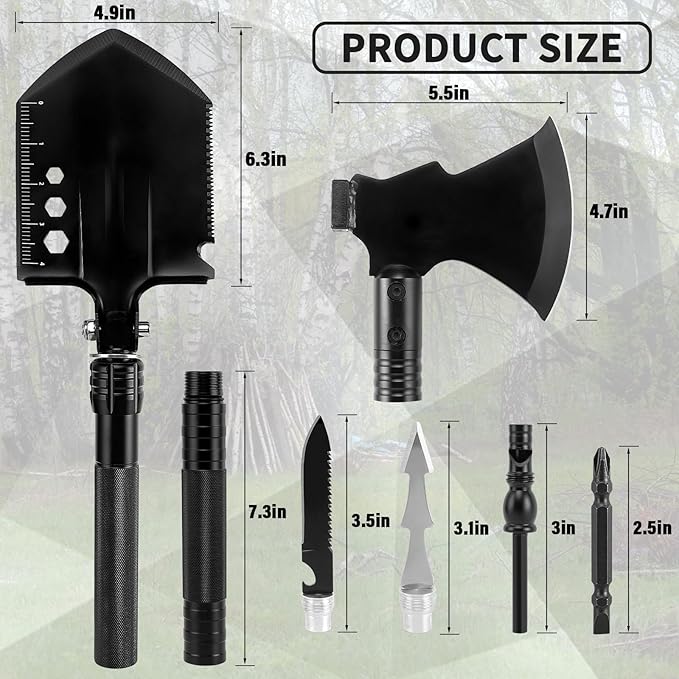 Survival Shovel Survival Axe, Heavy-Duty Carbon Steel Camping Folding Shovel with Multiple Extension Handles(7.3-21.9In), Suitable for Survival Tools in Camping, Off-Road, Excavation, and Hiking