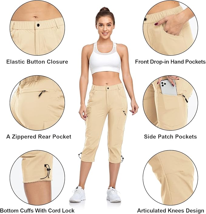 GymBrave Women's Hiking Cargo Pants Quick Dry Outdoor Camping Capris Water Resistant UPF 50 with Zipper Pockets
