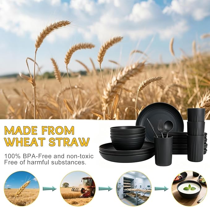 PYRMONT Dinnerware Set Wheat Straw Bowls and Plates Set Unbreakable Kitchen Dishes Service for 4 Microwave & Dishwasher Safe Plastic Dish Set for Camping,RV,Picnic-Black