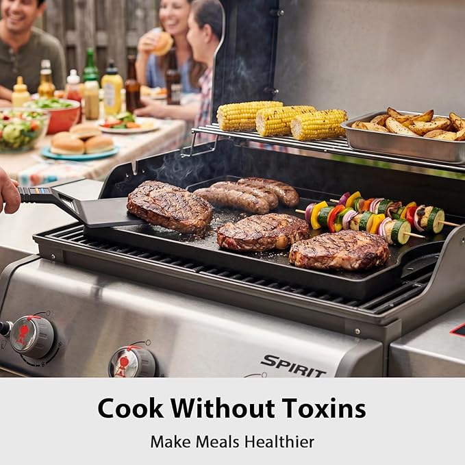 Utheer Griddle Kit, 16.5" x 10.5" Reversible Cast Iron Flat Top Griddle with 5-Piece Scratch-Free Silicone Tools, Ceramic Nonstick Grill Griddle for Stove Top, Gas Grill, BBQ and Camping