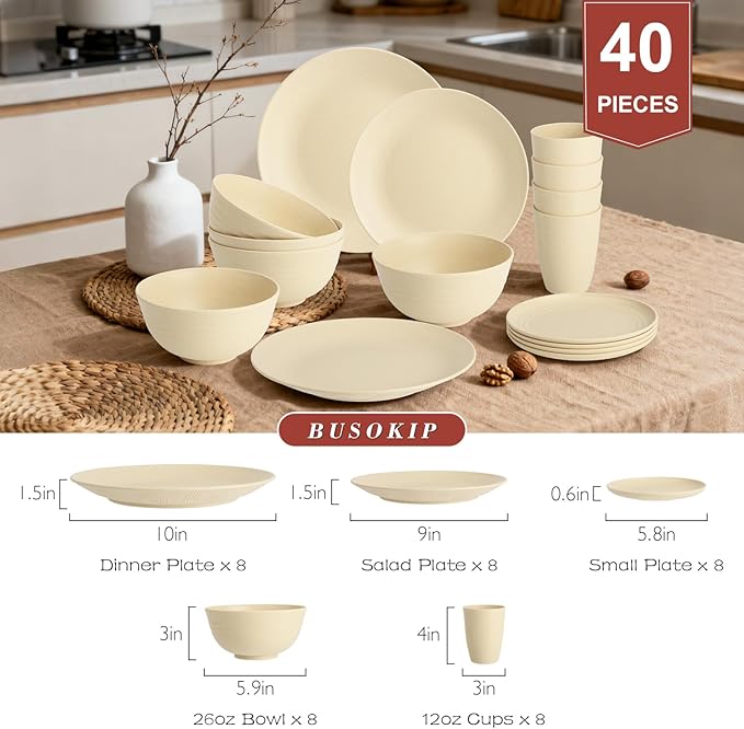 40 PCS Wheat Straw Dishes Sets | Reusable Dinnerware Set for 8 - Dinner Plates, Cereal Bowls, Drinking Glasses Unbreakable Plastic Plates and Bowls Sets Microwave Safe for Kitchen - Beige