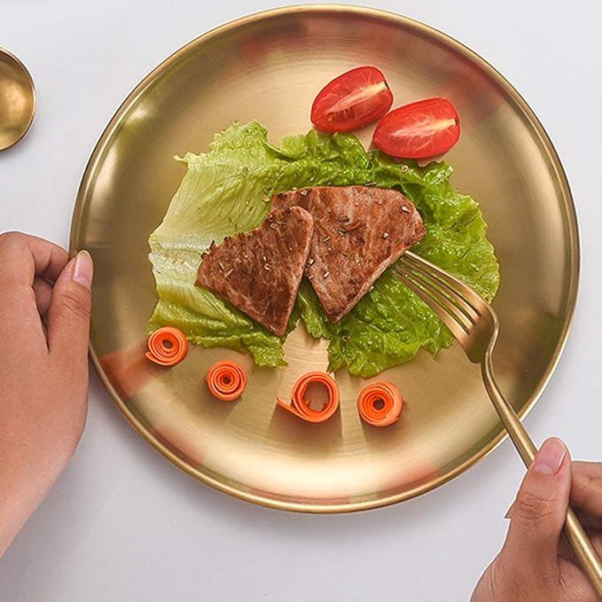 Stainless Steel Gold Plates 2 Set Round Dinner Dishes 9 Inch Metal Plates Great for Picnic,Outdoor Camping Plate,Shatterproof Dishwasher Safe