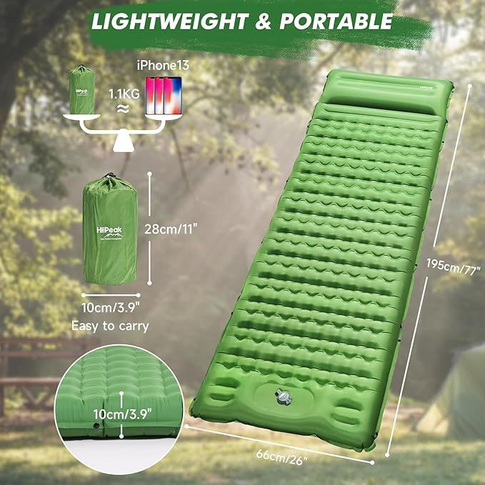 HiiPeak Sleeping Pad for Camping- Ultralight Inflatable Sleeping Mat with Built-in Foot Pump, Upgraded Durable Compact Camping Air Mattress for Tent, Backpacking, Hiking