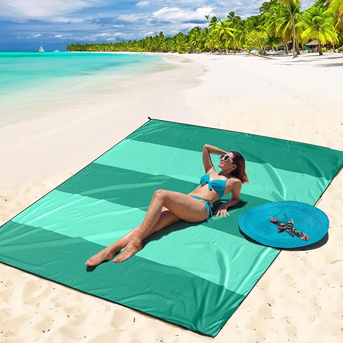 WIWIGO Beach Blanket Waterproof Sandproof Beach Mat 79" X 83"/10'x9'for 2-8 Adults Quick Drying Outdoor Picnic Mat Beach Accessories for Travel, Camping, Hiking