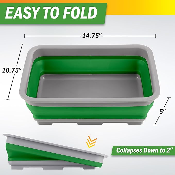 Collapsible Bucket for Cleaning - 7.27L Foldable Wash Bin Dish Tub - Collapsible Wash Basin or Camping Sink for Beach, Tailgating, or Soaking Laundry - Cleaning Supplies by Wakeman (Green)