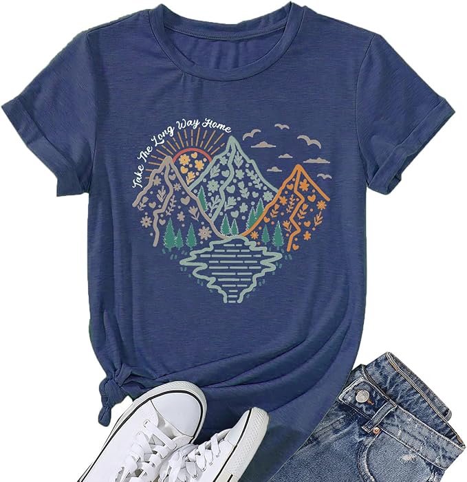 Happy Camp T-Shirt Women Hiking Mountain Adventure Novelty Workout Funny Saying Cute Graphic Athletic Shirt