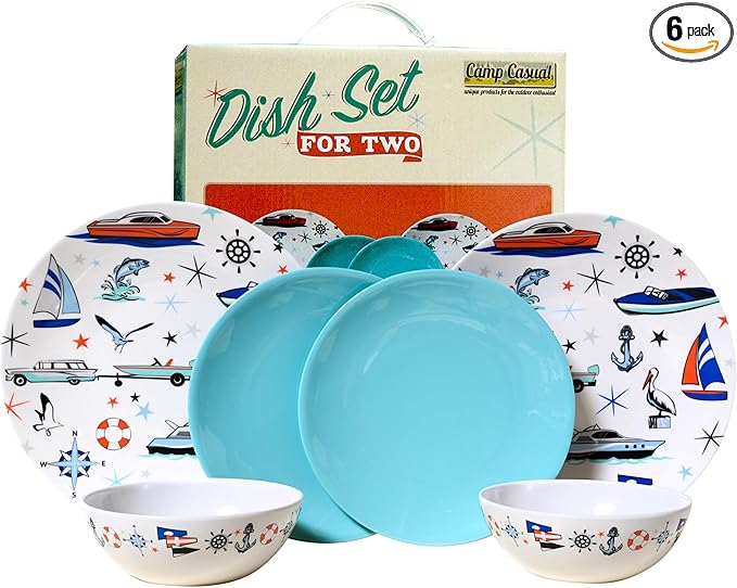 Melamine Dinnerware Sets - 6-pc Marine Dish Set - 2 Bowls, 2 Salad & 2 Dinner Melamine Plates for Indoor & Outdoor - BPA Free, Dishwasher Safe, Shatter-Res Dinnerware Set - Camping Dishes, Camp Casual