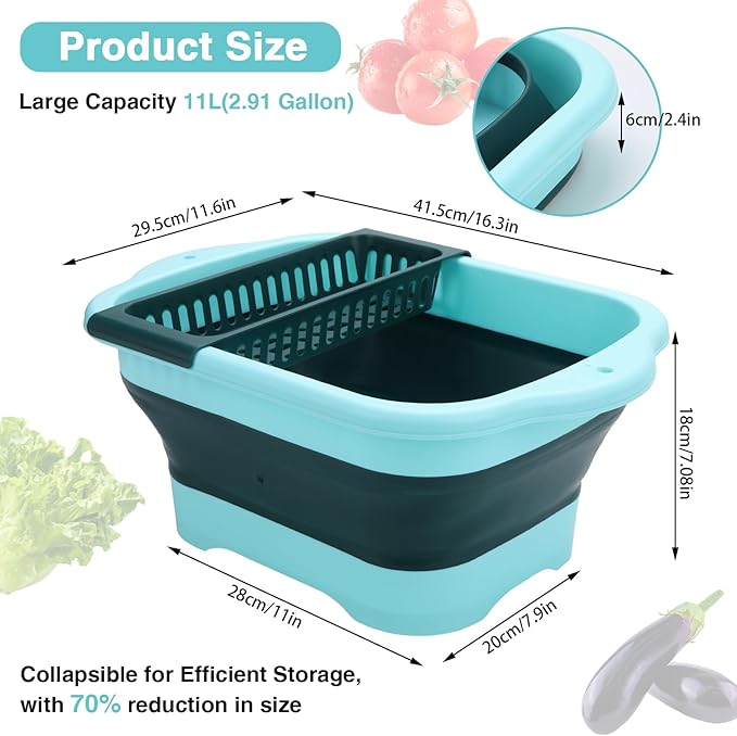 Collapsible Dish Basin with Drain Plug and Portable Sink, 11L(2.91 Gallon) collapsible Bucket with Sink, FoldableWash Basin for Station Campin/Camping/Rv/Kitchen (Green)
