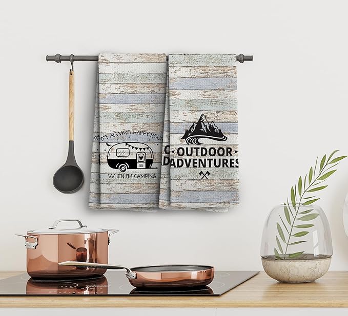 Camp Towel, Outdoor Adventures Kitchen Towels, Camping Decoration, Happy Camper RV Accessories, Gifts for Campers, Camping Gifts for Women Men, Set of 2, 16x24