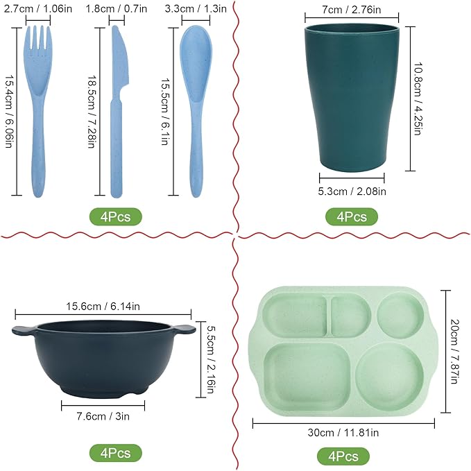 Unbreakable Dinnerware Sets for 4 People,24pcs Divided Plates and Bowls, Reusable Dinnerware Plastic Plates, Cups, Bowls, Cutlery Set for School Party, Camping, Home, Office