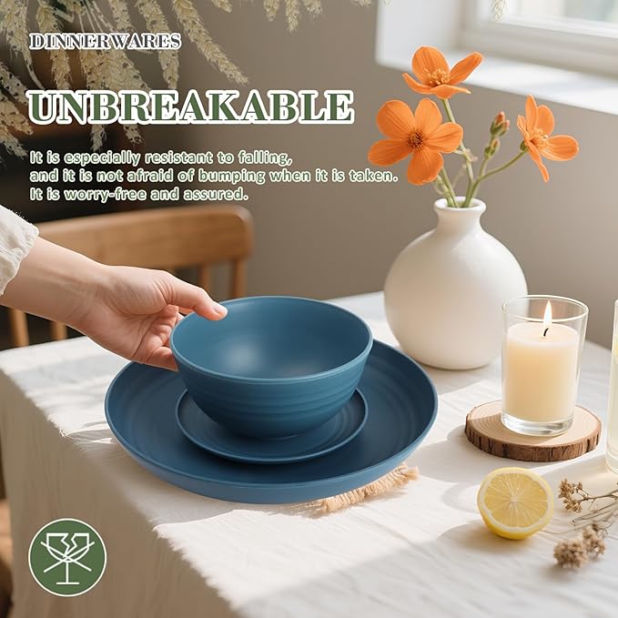 Wrova Wheat Straw Dinnerware Set of 32,Unbreakable Dinner Plates and Bowls Dishes Sets Service for 8,Dishwasher Safe Dinnerware Sets for Kitchen and Camping.Navy Blue
