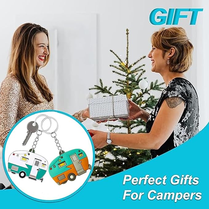 2 Pack Camper Keychain Set Happy RV Camper Keyring Couples Camping Accessories for Men Women Travel Trailers