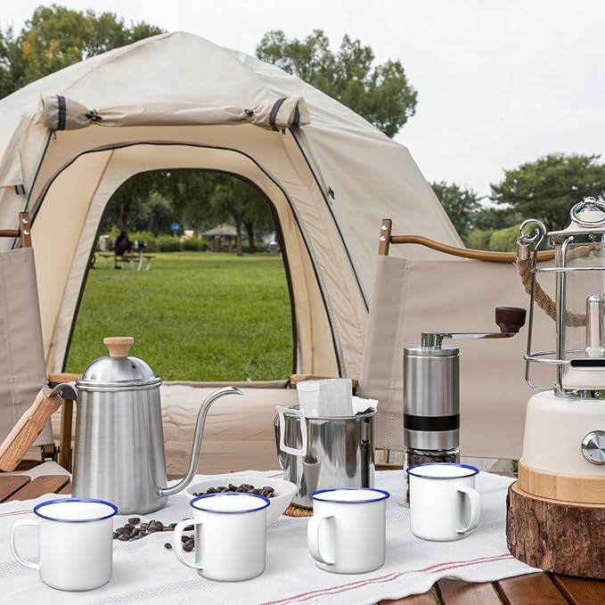 Yinder Mini Enamel Camping Coffee Mugs Metal Small Classic Portable White Campfire Mugs Bulk Vintage Cups with Handle for Coffee Tea Picnic Travel Indoor Outdoor Activities(12 oz, 12 Pcs)