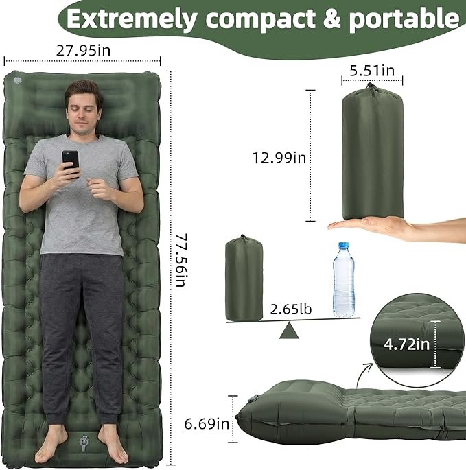 Camping Sleeping Pad, 4.7" Extra-Thick Camping Mattress with Pillow, Built-in Foot Pump Ultralight Inflatable Sleeping Pads for Camping Hiking Backpacking Traveling Tent, Military Green, Single