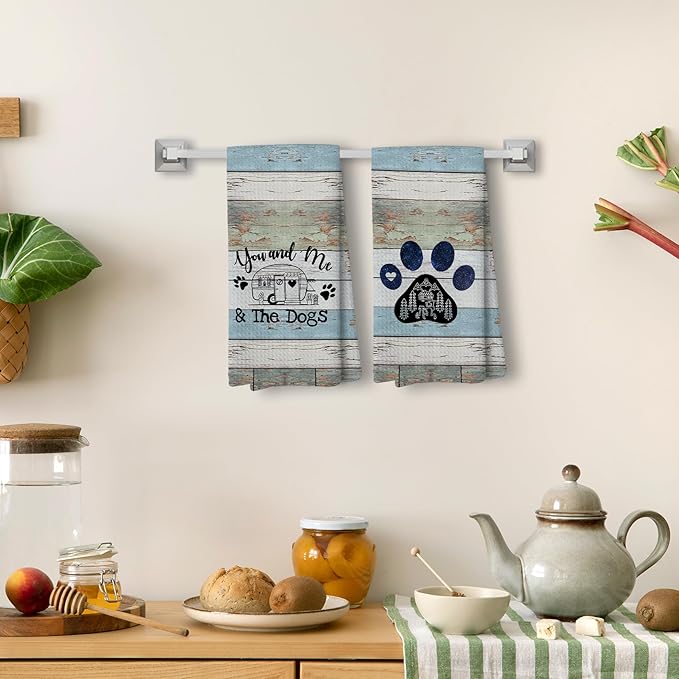 Vintage Blue You and Me and The Dogs Camping Kitchen Towels, Dog Kitchen Towels, RV Campsite Decor, Camping Supplies for RV Campers Campers Lovers Women Men 16x24 in Set of 2