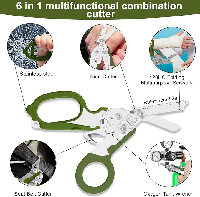 6 in 1 heavy-duty/trauma shears, Folding Retractable Emergency Shears, Outdoor Camping Tools, Seat Belt Cutter, Oxygen Cylinder Wrench, Complimentary Adjustable Wrench (army green)