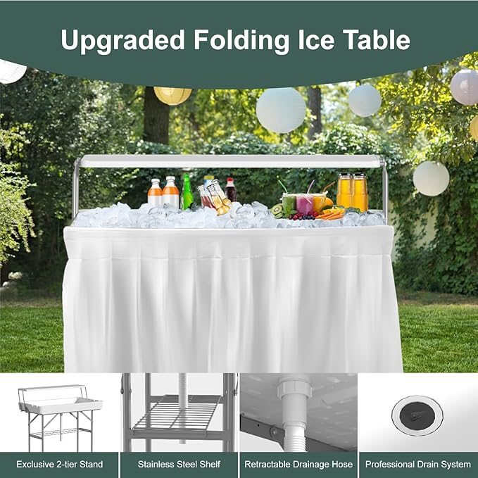 Ice Cooler Table with Drain, Two-Tier Plastic Folding Tables, with Removable Matching Skirt and Shelf, Indoor Outdoor Use for Party Camping Picnic Fishing Cleaning, 440 lbs Capacity