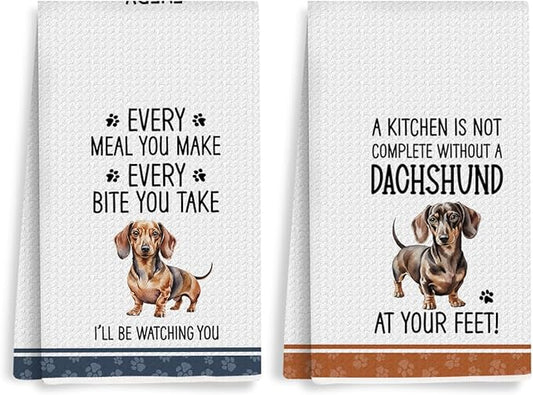 2Pcs Funny Dogs Kitchen Towels 24x14 Inch, Cute Dachshund Waffle Weave Dish Towels for Kitchen Home, White Absorbent Microfiber Hand Tea Towel, Weiner Dog Gifts for Women Dog Lovers 2