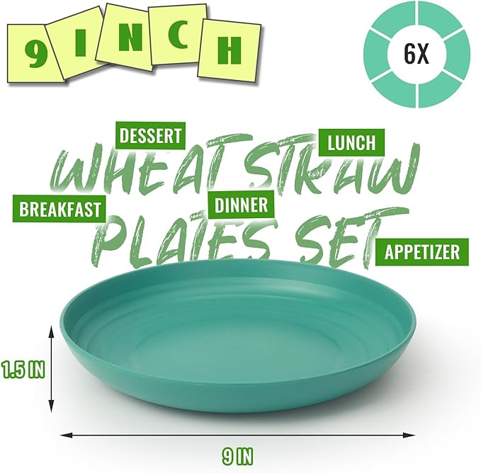 Unbreakable Dinner Plates 6-Piece Set, 9 Inch Wheat Straw Deep Dish Plates, Lightweight Reusable Plastic Plates for Kids, Microwave and Dishwasher Safe plate set for Kitchen, Camping, Green