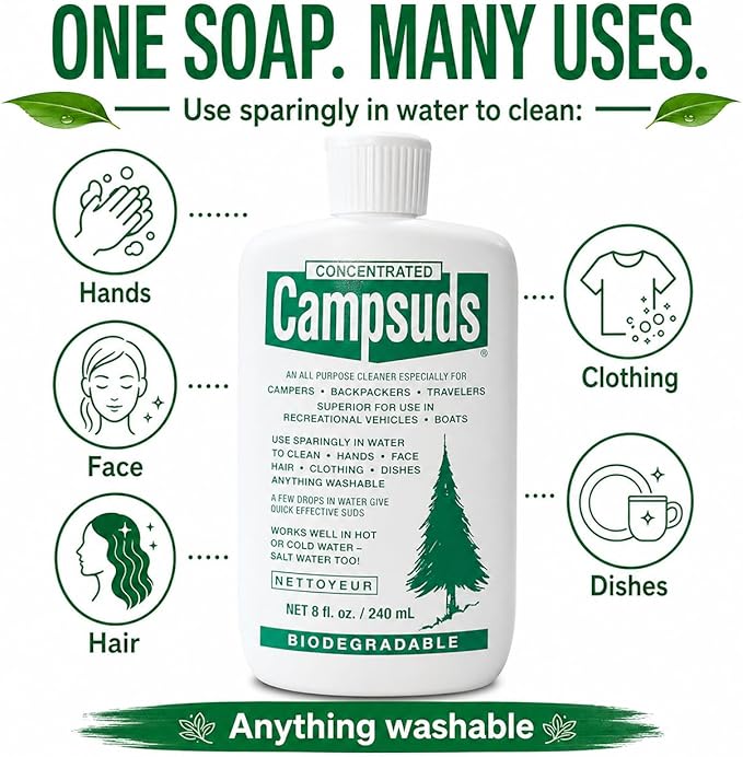 Sierra Dawn Classic Campsuds Biodegradable Camping Soap - The Original Camp Dish Soap, Shampoo, Body Wash - Wash for Wilderness Backpacking, Camping & Travel, 8 Fl Oz