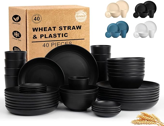Plates and Bowls Sets for 8, Wheat Straw Dinnerware Sets 40 Piece, Unbreakable & Lightweight Dishes Set for 8, Microwave Safe Kitchen Dishes, Kitchen Essentials for New Apartment - Black